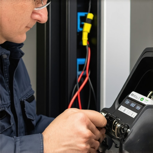 Electrician inspecting EV charger firmware with diagnostic tools