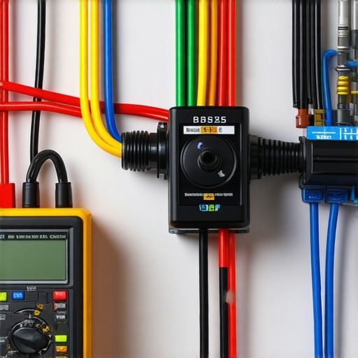Technician using diagnostic tools on complex wiring system in a home environment