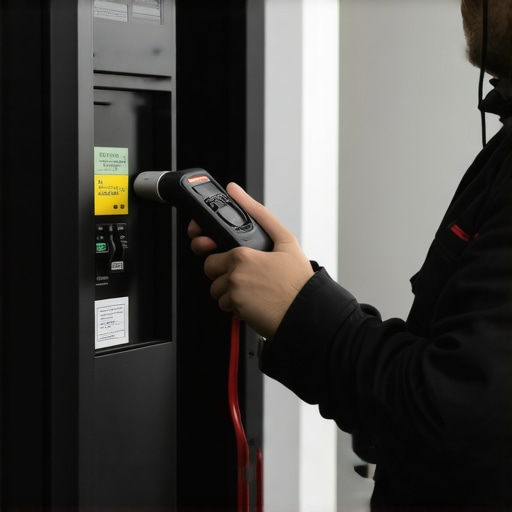 Electrician testing EV charger with multimeter in garage