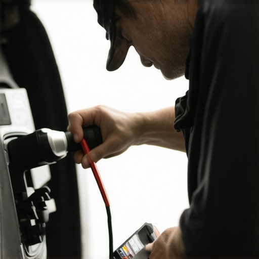 Electrician inspecting EV charging station with diagnostic tools