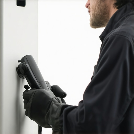Electrician performing maintenance inspection on EV charger wiring in a home garage