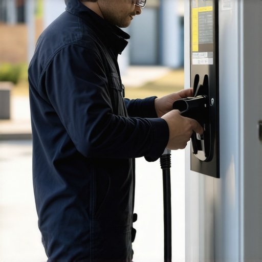 Electrician using diagnostic tools on EV charger