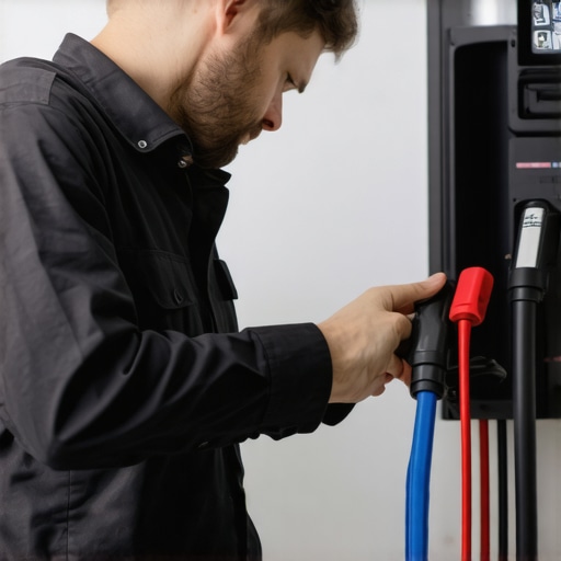Electrician using diagnostic tools to troubleshoot EV charger wiring