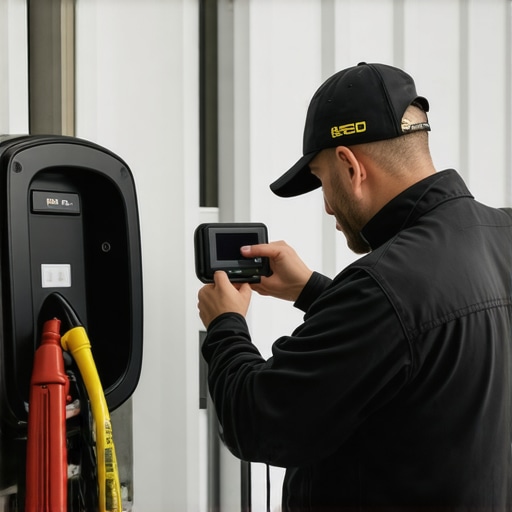 Electrician inspecting EV charger wiring with infrared camera