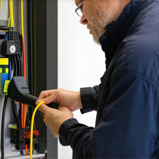 Electrician inspecting wiring in a home EV charging station for safety and compliance