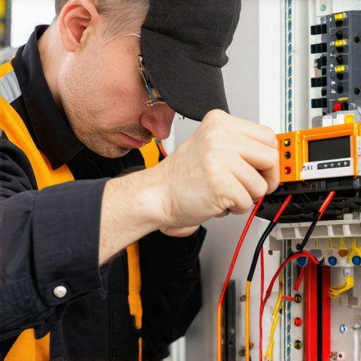 Electrician using multimeter and circuit analyzer for diagnosing home electrical faults
