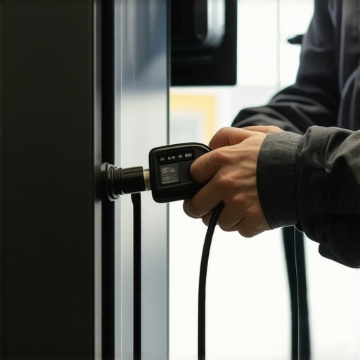 Technician inspecting EV charger wiring with multimeter in garage