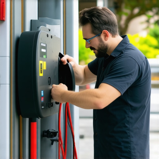Electrician connecting outdoor EV charging station with safety precautions