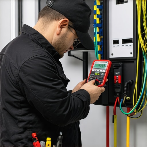 Electrician inspecting EV charger wiring with multimeter
