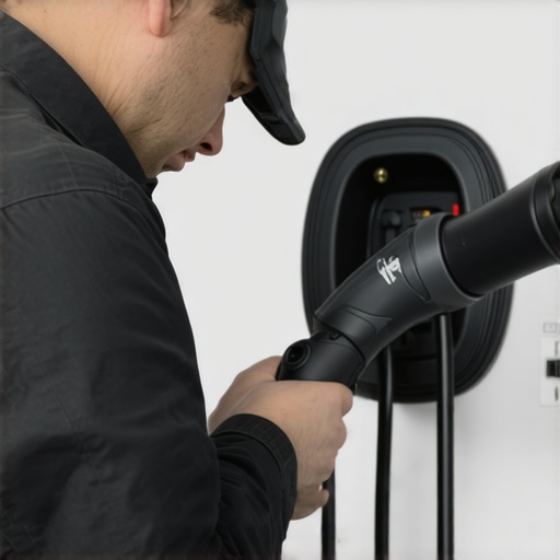 Electrician inspecting EV charger and outlet at home