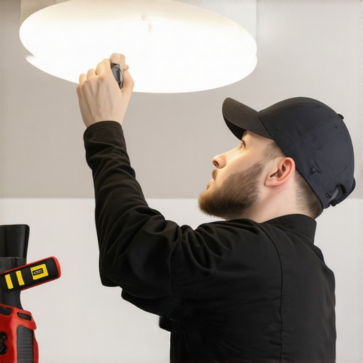 Electrician inspecting ceiling light fixture with tools