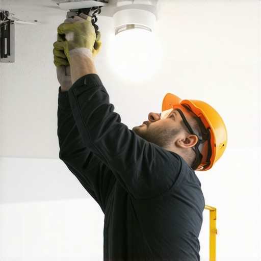 Electrician connecting wires to ceiling light fixture with safety gear
