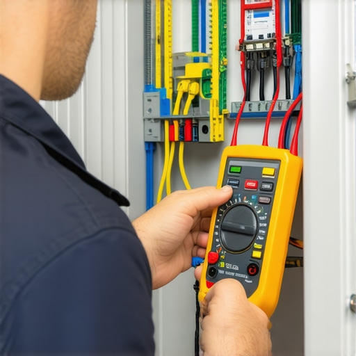 Electrician measuring electrical wiring with multimeter and load tester inside a home electrical panel.