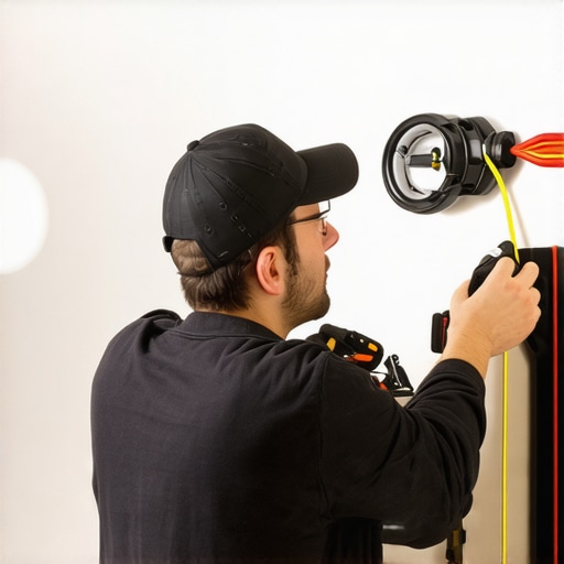 Electrician inspecting wiring in a home lighting fixture with tools