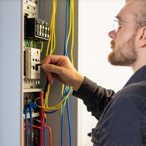 Electrician inspecting home wiring in circuit breaker panel