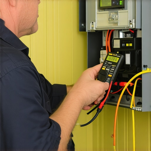 Homeowner inspecting electrical wiring connections with safety gear