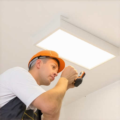 Electrician inspecting wiring in ceiling light fixture