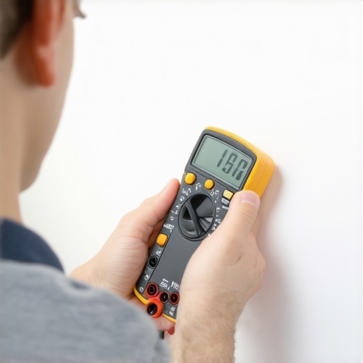 Person testing electrical outlet with multimeter in home