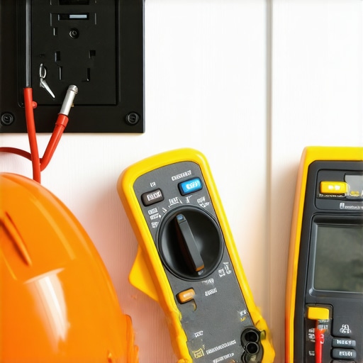 Electrician testing outlet with multimeter and safety gloves