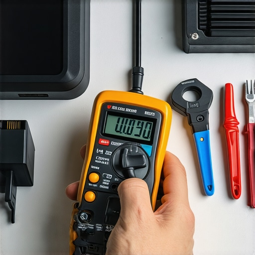 Electrician inspecting EV charger wiring with multimeter and clamp meter in a home garage.