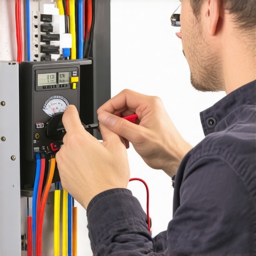 Electrician testing home electrical wiring with multimeter