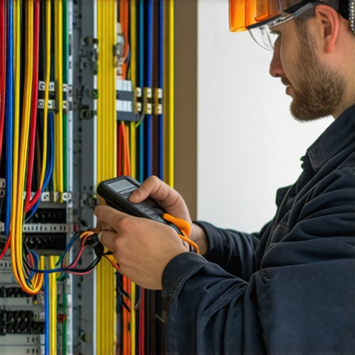 Electrician using multimeter to diagnose wiring problems in a home electrical panel