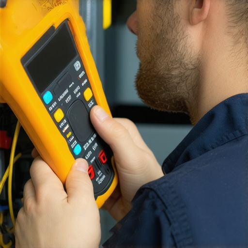 Electrician using digital multimeter and clamp meter during electrical diagnostics