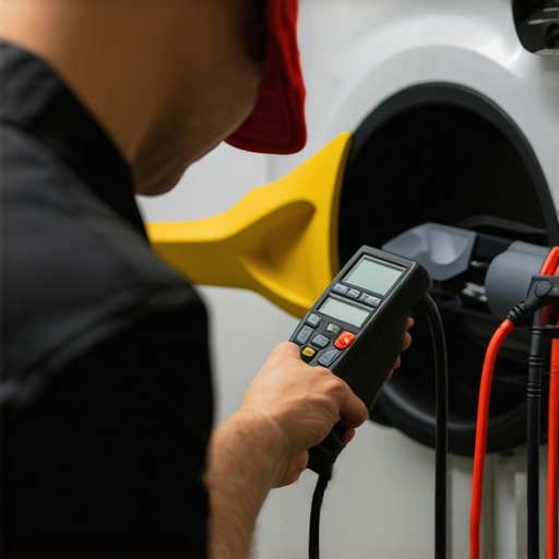 Electrician testing an EV charger with a multimeter during home electrical maintenance.
