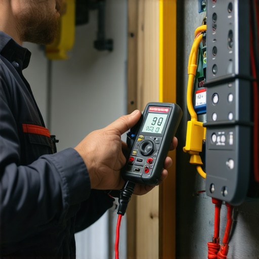 Technician testing home wiring with multimeter and thermal camera during electrical maintenance