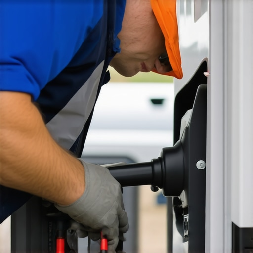 Electrician checking the electrical connections of an EV charger with a screwdriver