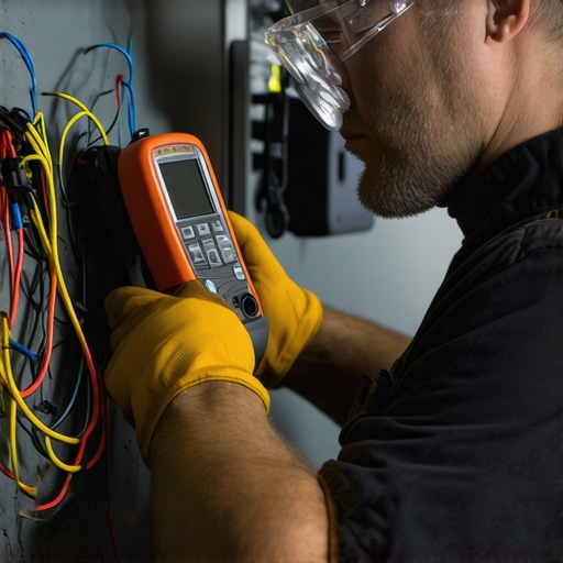 Homeowner using multimeter and thermal camera on wiring, safety gear, performing electrical inspection.