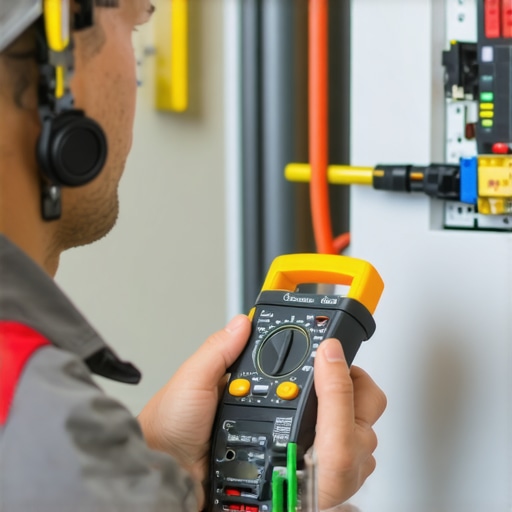 Electrician testing wiring with multimeter and clamp meter